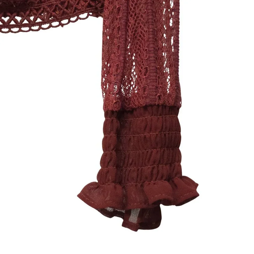 Zara Sheer Lace Blouse S Smocked Ruffle Burgundy Red Boho Romantic Whimsigoth - Picture 4 of 15